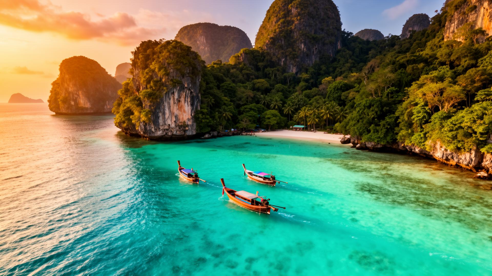 Aerial view of tropical limestone islands in southern Thailand
